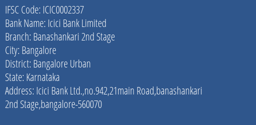Icici Bank Banashankari 2nd Stage Branch Bangalore Urban IFSC Code ICIC0002337