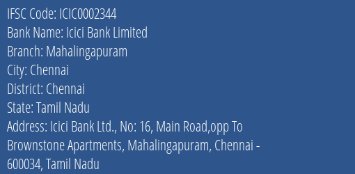 Icici Bank Mahalingapuram Branch Chennai IFSC Code ICIC0002344