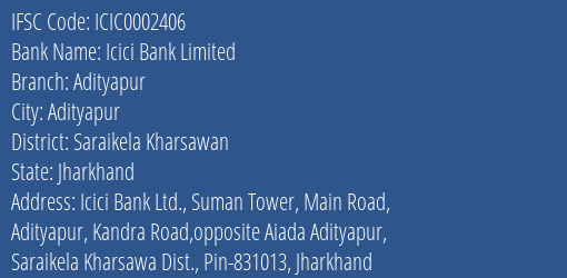 Icici Bank Adityapur Branch Saraikela Kharsawan IFSC Code ICIC0002406