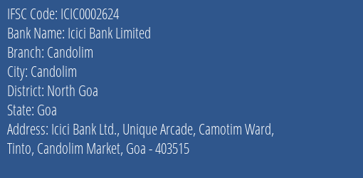 Icici Bank Candolim Branch North Goa IFSC Code ICIC0002624