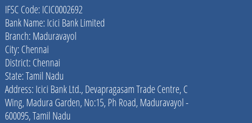 Icici Bank Maduravayol Branch Chennai IFSC Code ICIC0002692