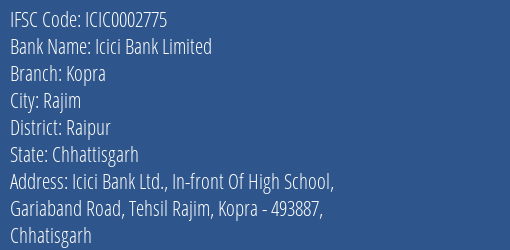 Icici Bank Kopra Branch Raipur IFSC Code ICIC0002775
