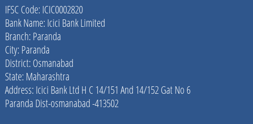 Icici Bank Paranda Branch Osmanabad IFSC Code ICIC0002820
