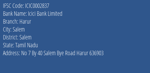 Icici Bank Harur Branch Salem IFSC Code ICIC0002837