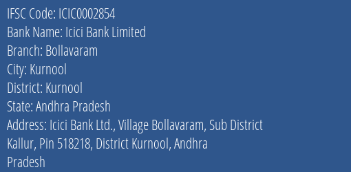 Icici Bank Limited Bollavaram Branch, Branch Code 002854 & IFSC Code Icic0002854