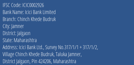 Icici Bank Chinch Khede Budruk Branch Jalgaon IFSC Code ICIC0002926