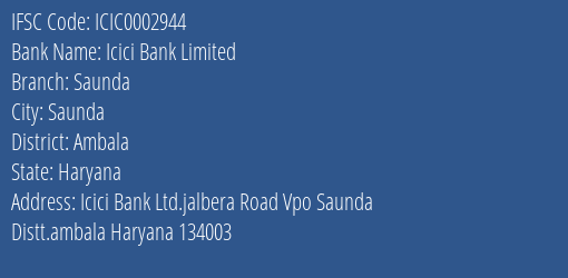 Icici Bank Saunda Branch Ambala IFSC Code ICIC0002944