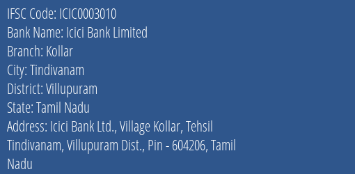 Icici Bank Kollar Branch Villupuram IFSC Code ICIC0003010