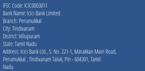 Icici Bank Perumukkal Branch Villupuram IFSC Code ICIC0003011