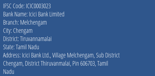 Icici Bank Melchengam Branch Tiruvannamalai IFSC Code ICIC0003023