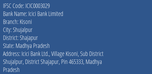 Icici Bank Limited Kisoni Branch, Branch Code 003029 & IFSC Code Icic0003029