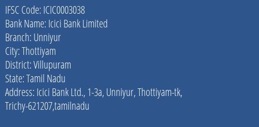 Icici Bank Unniyur Branch Villupuram IFSC Code ICIC0003038