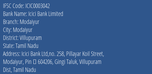 Icici Bank Modaiyur Branch Villupuram IFSC Code ICIC0003042