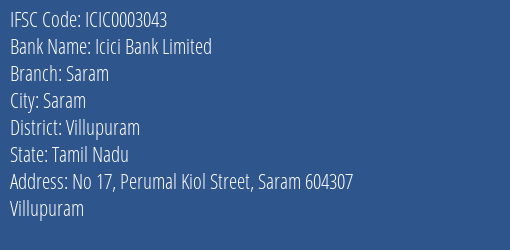 Icici Bank Saram Branch Villupuram IFSC Code ICIC0003043