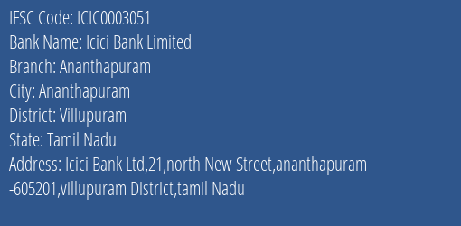 Icici Bank Ananthapuram Branch Villupuram IFSC Code ICIC0003051