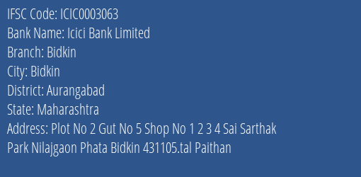 Icici Bank Bidkin Branch Aurangabad IFSC Code ICIC0003063
