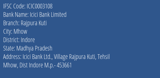 Icici Bank Limited Rajpura Kuti Branch, Branch Code 003108 & IFSC Code Icic0003108