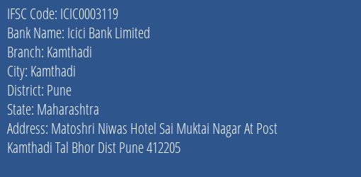 Icici Bank Kamthadi Branch Pune IFSC Code ICIC0003119