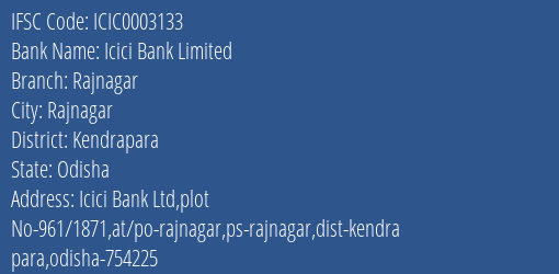 Icici Bank Rajnagar Branch Kendrapara IFSC Code ICIC0003133