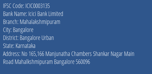 Icici Bank Mahalakshmipuram Branch Bangalore Urban IFSC Code ICIC0003135