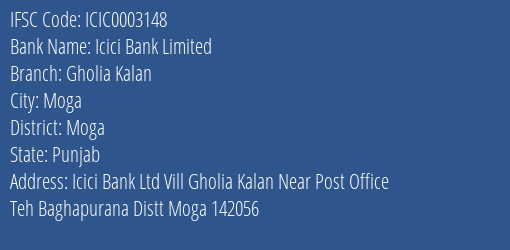 Icici Bank Gholia Kalan Branch Moga IFSC Code ICIC0003148