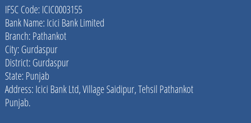 Icici Bank Pathankot Branch Gurdaspur IFSC Code ICIC0003155