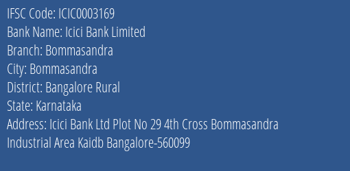 Icici Bank Bommasandra Branch Bangalore Rural IFSC Code ICIC0003169