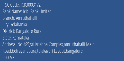 Icici Bank Amruthahalli Branch Bangalore Rural IFSC Code ICIC0003172