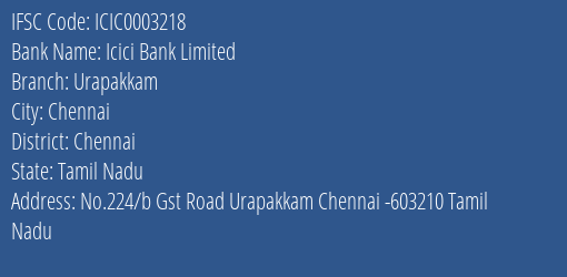 Icici Bank Urapakkam Branch Chennai IFSC Code ICIC0003218