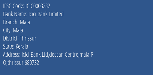 Icici Bank Mala Branch Thrissur IFSC Code ICIC0003232