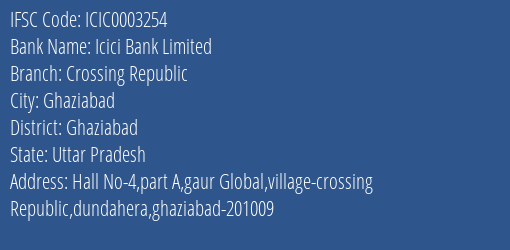 Icici Bank Limited Crossing Republic Branch, Branch Code 003254 & IFSC Code Icic0003254