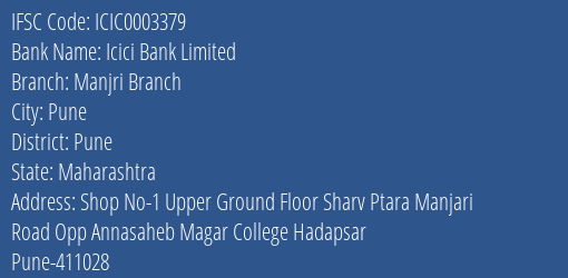 Icici Bank Manjri Branch Branch Pune IFSC Code ICIC0003379