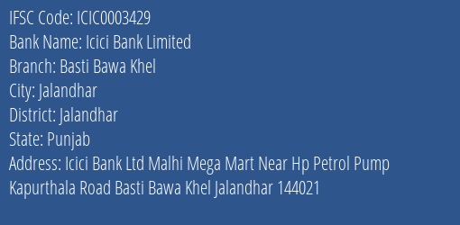 Icici Bank Basti Bawa Khel Branch Jalandhar IFSC Code ICIC0003429