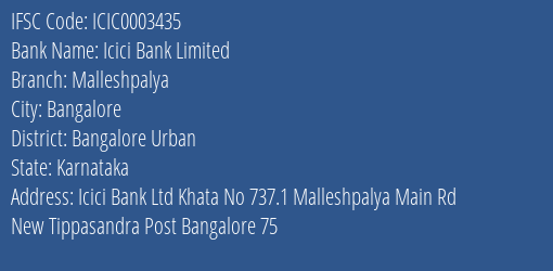 Icici Bank Malleshpalya Branch Bangalore Urban IFSC Code ICIC0003435