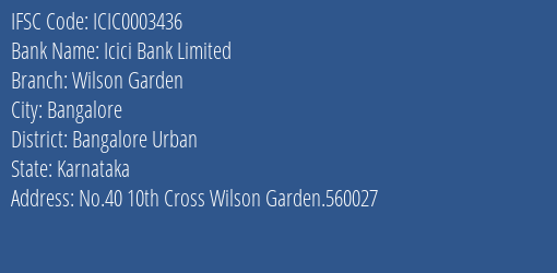 Icici Bank Wilson Garden Branch Bangalore Urban IFSC Code ICIC0003436