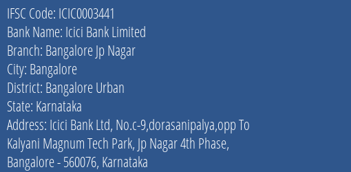 Icici Bank Bangalore Jp Nagar Branch Bangalore Urban IFSC Code ICIC0003441
