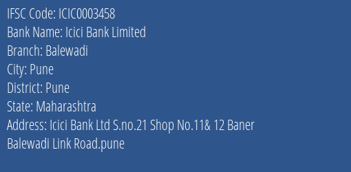 Icici Bank Balewadi Branch Pune IFSC Code ICIC0003458