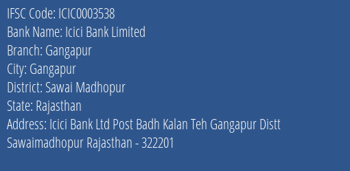 Icici Bank Gangapur Branch Sawai Madhopur IFSC Code ICIC0003538