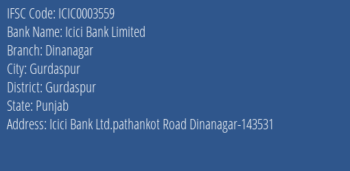 Icici Bank Dinanagar Branch Gurdaspur IFSC Code ICIC0003559