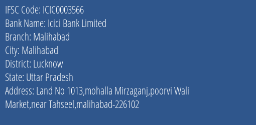 Icici Bank Malihabad Branch Lucknow IFSC Code ICIC0003566