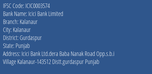 Icici Bank Kalanaur Branch Gurdaspur IFSC Code ICIC0003574