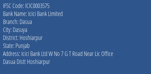 Icici Bank Dasua Branch Hoshiarpur IFSC Code ICIC0003575
