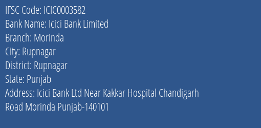Icici Bank Morinda Branch Rupnagar IFSC Code ICIC0003582