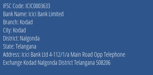 Icici Bank Kodad Branch Nalgonda IFSC Code ICIC0003633