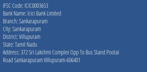 Icici Bank Sankarapuram Branch Villupuram IFSC Code ICIC0003653