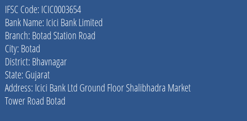 Icici Bank Botad Station Road Branch Bhavnagar IFSC Code ICIC0003654