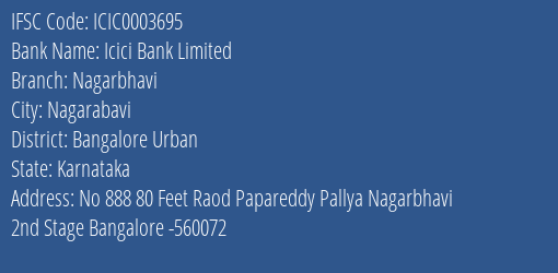 Icici Bank Nagarbhavi Branch Bangalore Urban IFSC Code ICIC0003695