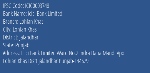 Icici Bank Lohian Khas Branch Jalandhar IFSC Code ICIC0003748