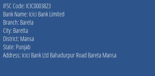 Icici Bank Bareta Branch Mansa IFSC Code ICIC0003823