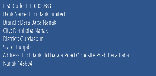 Icici Bank Dera Baba Nanak Branch Gurdaspur IFSC Code ICIC0003883